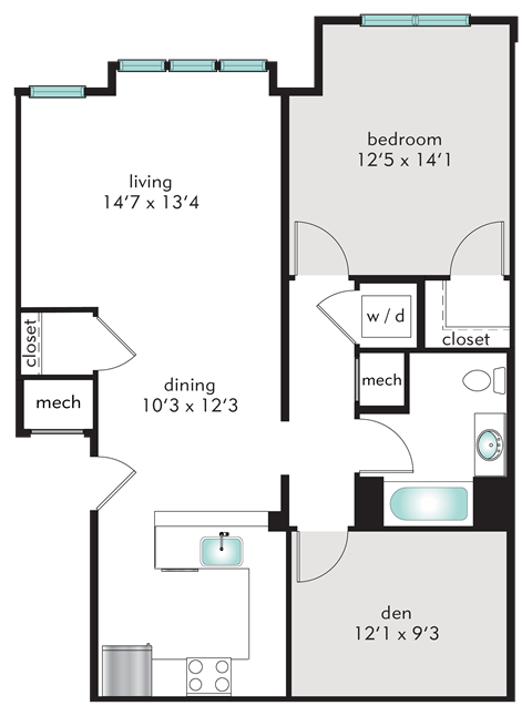 Floor plan for 1 bed, 1 bath, 909 sqft